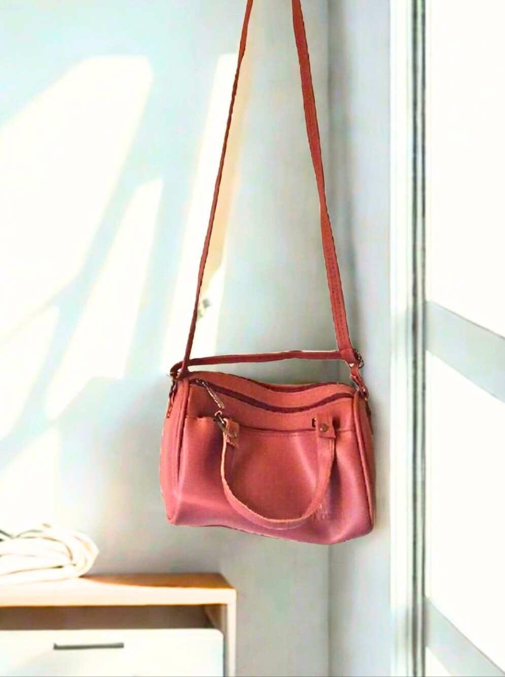 Brand New / NWOT - Shifa Cherry Pink Crossbody Bag w/ Four Full Zip Compartments
